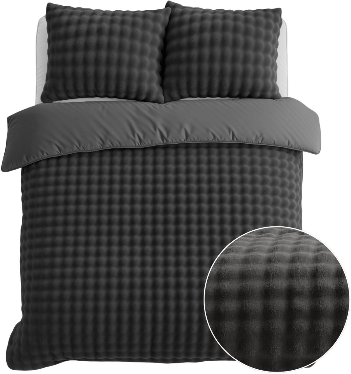 Droomtextiel Flanel Fleece Dekbedovertrek Pompom - antraciet - 200x200/220