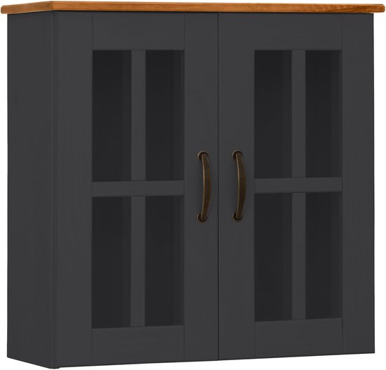 Antracietkleurige wandkast met twee deuren met glasinzet en bronzen handgrepen, met houten bovenblad.