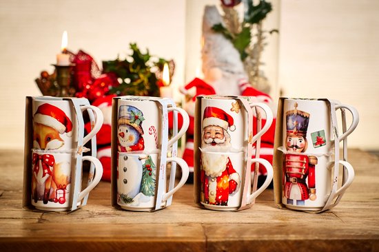 Tasses de Noël en porcelaine – 265 ml – Set de 2 – 4 imprimés différents – Emballage cadeau festif
