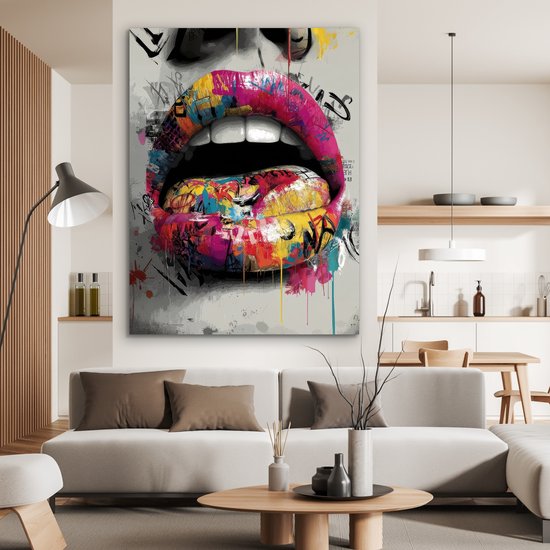 Tableau sur aluminium 120x160 cm - Décoration murale en métal - Lèvres - Graffiti - Expressif - Décoration murale en métal pour salon - Décoration industrielle - Photo sur Dibond - Accessoires industriels pour chambre