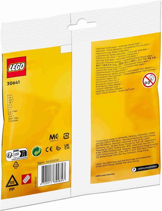 Achterkant van een LEGO-verpakking met waarschuwingen en productinformatie.