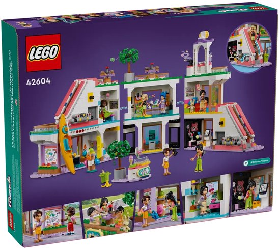 Arrière de la boîte de LEGO Friends Centre Commercial avec 6 mini-poupées, un chariot à glaces et 2 toboggans. À partir de 8 ans.