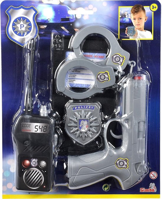 Politie speelgoedset in verpakking met handboeien, pistool, portofoon, schild en identiteitskaart.