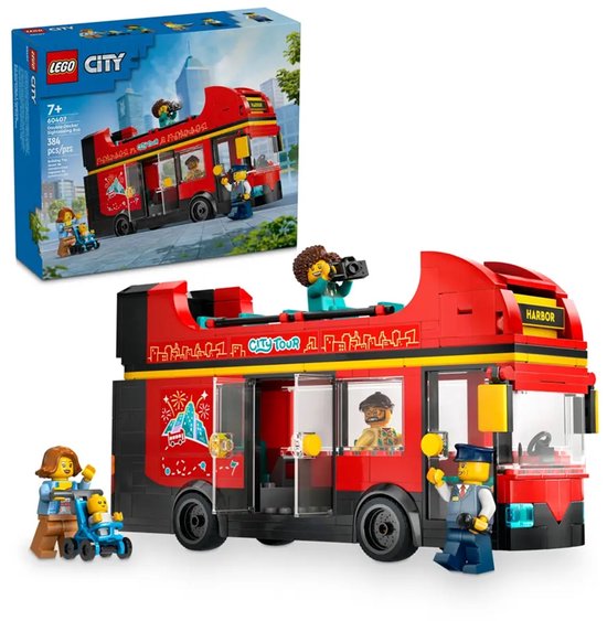 Rode LEGO dubbeldekker bus met "City Tour" op de zijkant, inclusief minifiguren van toeristen en een buschauffeur. De verpakking staat ernaast.