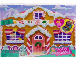 Polly Pocket Poppen en Speelsets Adventskalender, Doe-het-Zelf Peperkoekhuis met poppenhuismeubels en meer dan 24 feestelijke accessoire
