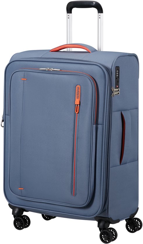 Grijze koffer met oranje ritsen en handvat. Trolley met TSA-slot.