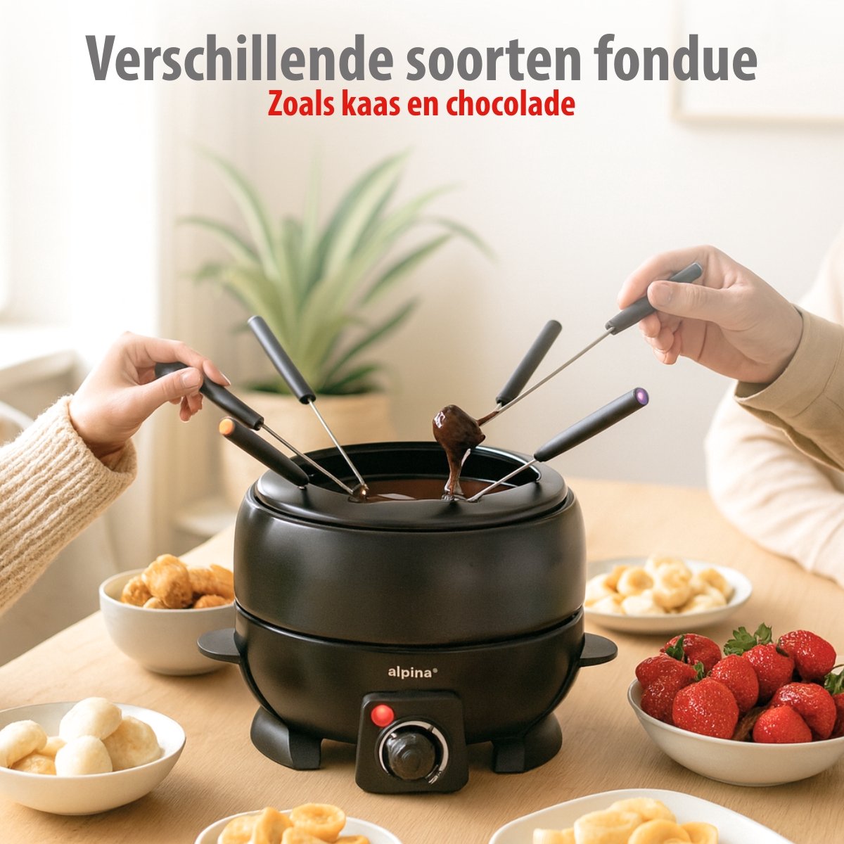alpina Fondueset Elektrisch 800W – Fonduepan 2L voor 6 Personen - Geschikt voor Kaasfondue en Chocolade Fondue – Incl. Fonduevorken – Instelbare Temperatuur – RVS met Antiaanbaklaag – foto 4
