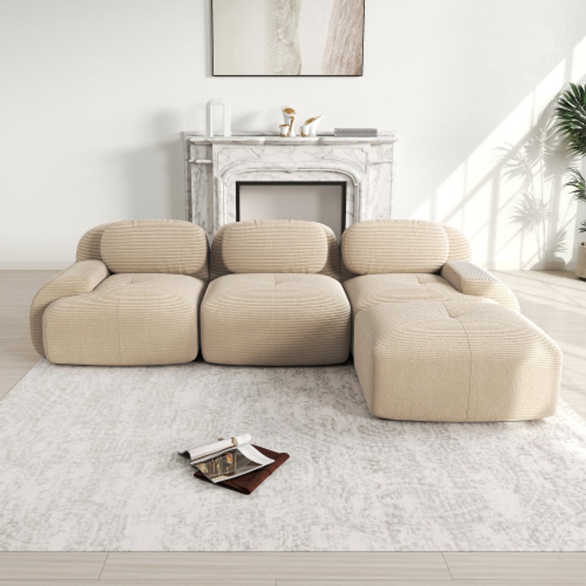 in& out door furniture Modulares Ecksofa ohne Montage, ergonomisch und haustierfreundlich, aus Cordstoff mit extra-breiten Armlehnen, 32D hochelastische Polsterung für Wohnzimmer und Schlafzimmer, beige