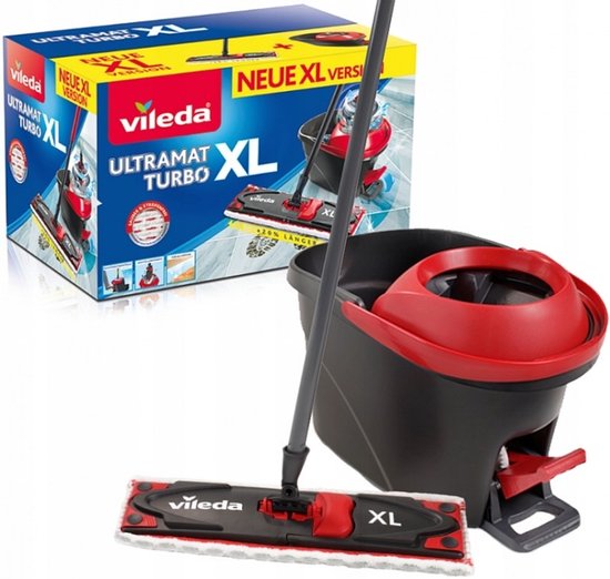 Mop Vileda Ultramax Turbo XL, seau rouge et noir. La mop est rouge, noire et blanche. La boîte indique "NEUE XL VERSION".