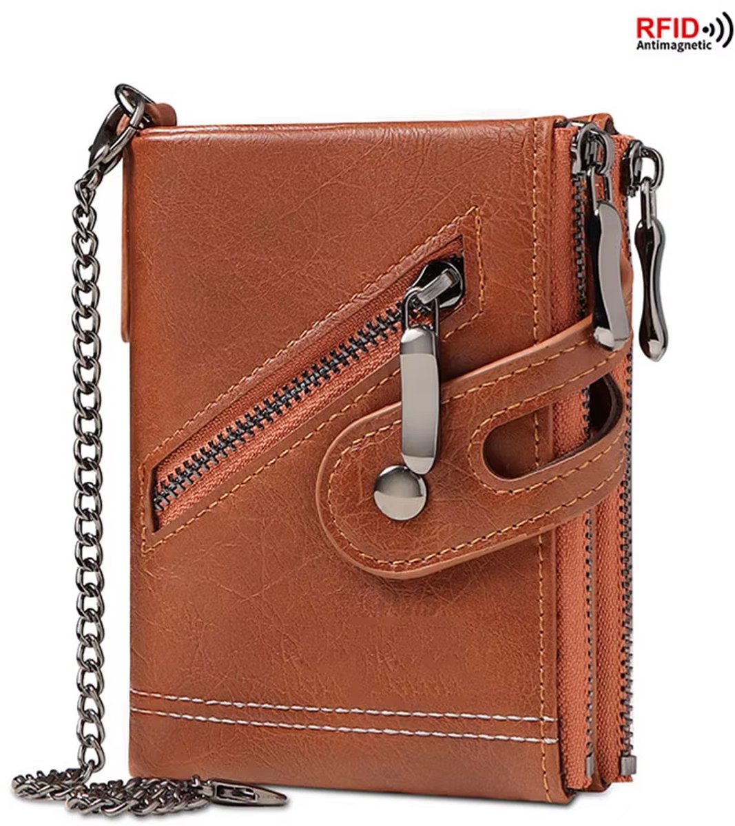 RFID Leren Herenportemonnee met Ketting – Anti-Diefstal Retro Portemonnee met Dubbele Ritssluiting en Creditcardhouder – Unisex voor Mannen en Vrouwen