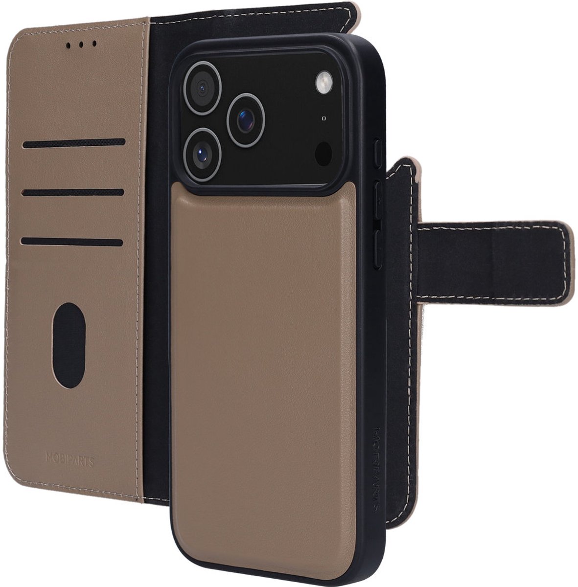 Mobiparts hoesje geschikt voor Apple iPhone 17 Pro Max Apple iPhone 18 Pro Max - Wallet 2-in-1 Boekhoesje - MagSafe - Echt Leder - Uitneembare Case - Sterke Magneet Sluiting - Contactloos betalen - Beige