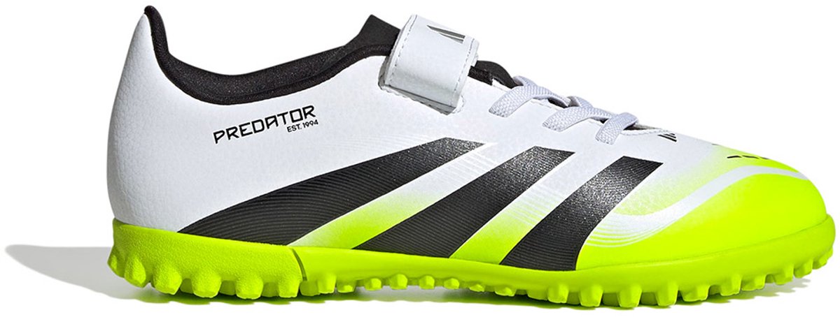 Adidas Predator Club voetbalschoenen in wit met zwarte en gele details, maat EU 38 2/3, met klittenbandsluiting.