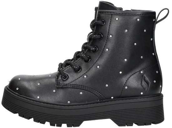 Zwarte Skechers laars met veters en rits, versierd met glimmende steentjes.
