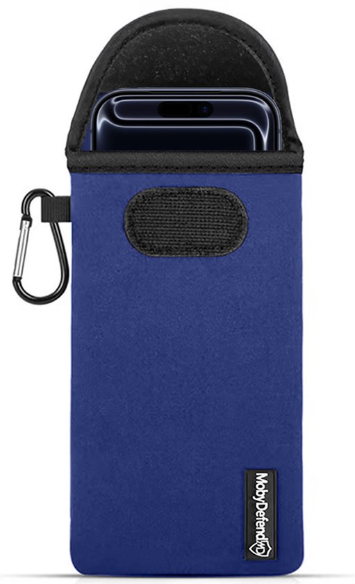 Étui iPhone 17 Pro - Pochette en néoprène MobyDefend avec mousqueton - Étui à insérer - Étui à boucle de ceinture - Blauw - Étui pour téléphone portable - Étui pour téléphone compatible avec : iPhone 17 Pro