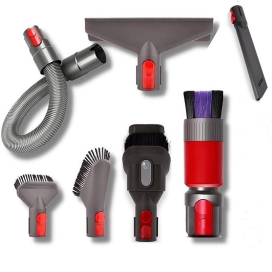 Een set van zeven Dyson stofzuigeraccessoires in rood en grijs, waaronder een spleetmondstuk.