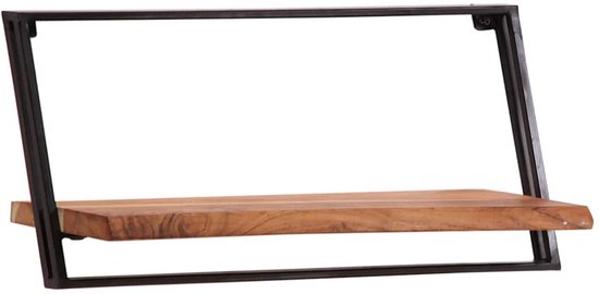 Een enkele houten wandplank met een schuin zwart metalen frame.