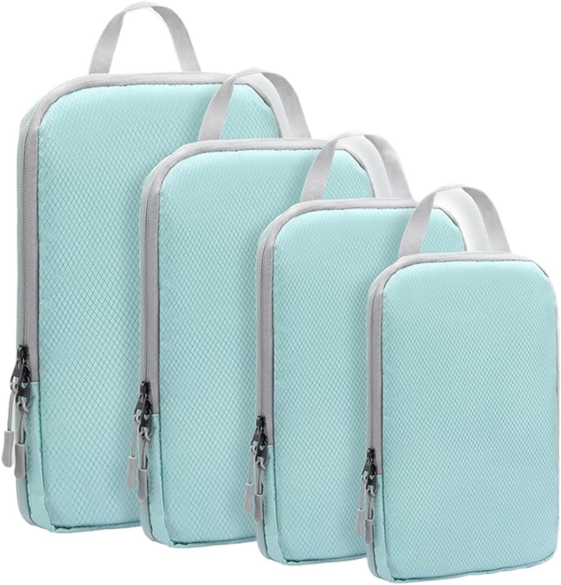 Set van 4 opbergtassen ‑ Compressie‑inpakblokjes ‑ Reisbagage ‑ Herbruikbare vacuümzakken ‑ Ruimtebesparend ontwerp ‑ Compacte ritssluiting ‑ geschikt voor koffers, vluchten, kamperen en vakantie‑inpakken ‑ Lichtblauw