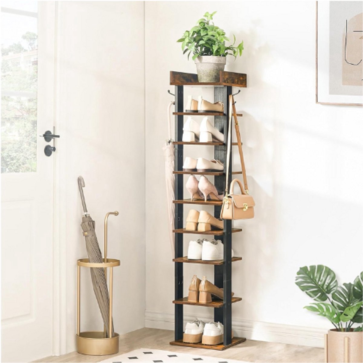 Thuys – Smal Schoenenrek 9 Lagen – Verticale Schoenen Organizer Voor Entree – Industrieel Design Bruin – Zwart