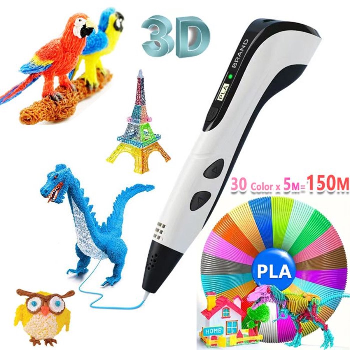 Image of 5M 30 kleuren PLA filament voor kinderen 3D pen LCD-scherm DIY educatieve 3D graffiti schilderij - Wit