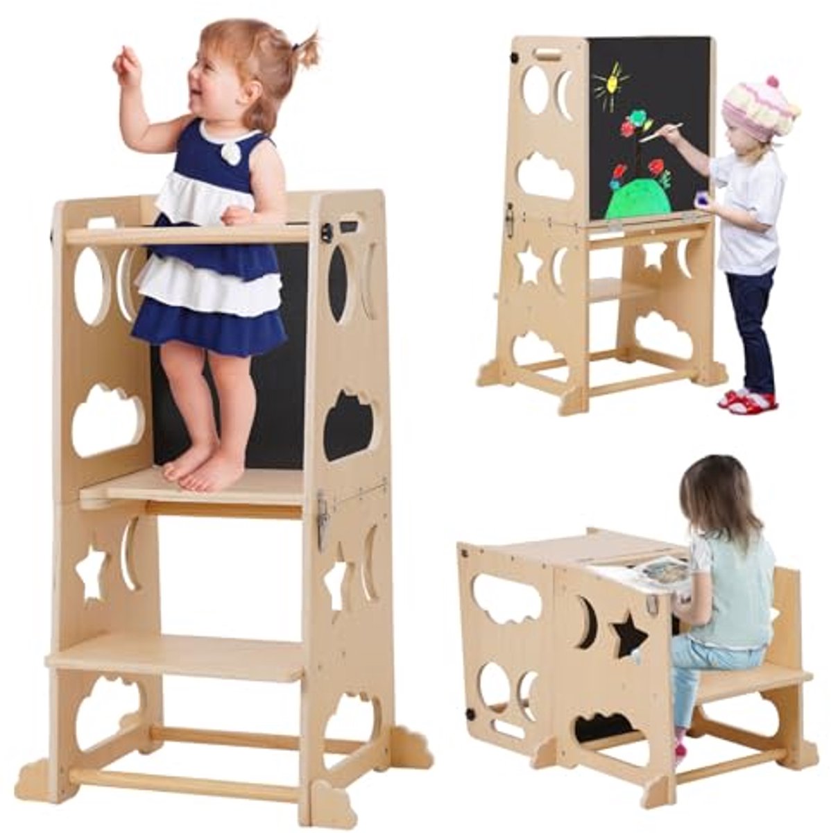 Opstapkruk Leertoren van Hout met Bord - Keukenkruk voor Kinderen - Geschikt voor Keukentafel en Badkamer