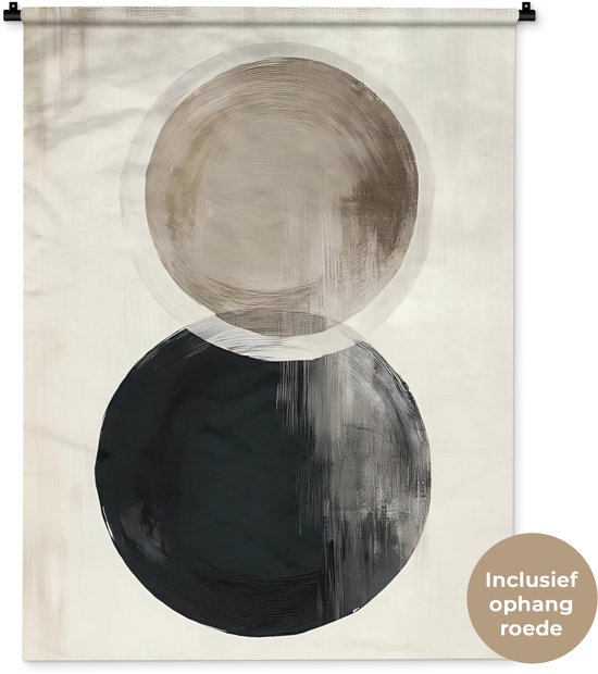 Tapisserie beige avec des cercles abstraits superposés en beige et gris foncé. Tringle de suspension incluse.
