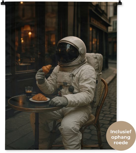 Wandkleed 90x120 cm - Wanddoek Café - Croissant - Koffie - Astronaut - Wandtapijt - Wandkleden