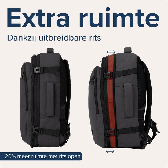 Zwarte TRVLMORE rugzak, 20% extra ruimte met uitbreidbare rits.