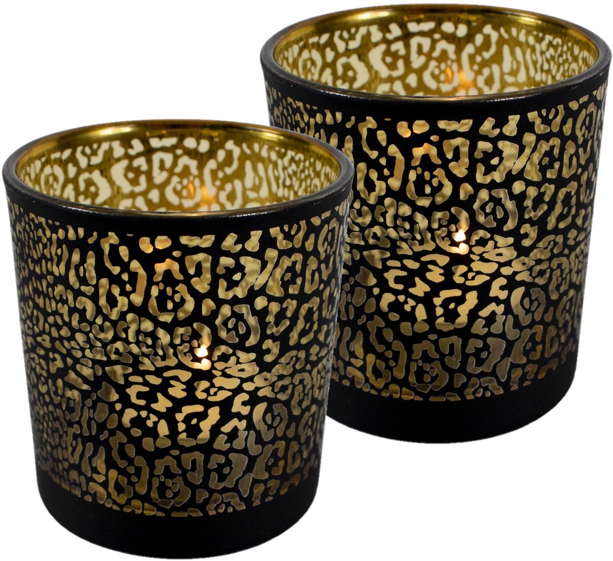 Mars & More Theelichthouder - Set van 2x stuks - mat zwart - 18 cm - jaguar print - glas - waxinelichthouder - Windlichtjes/kaarsenhouders