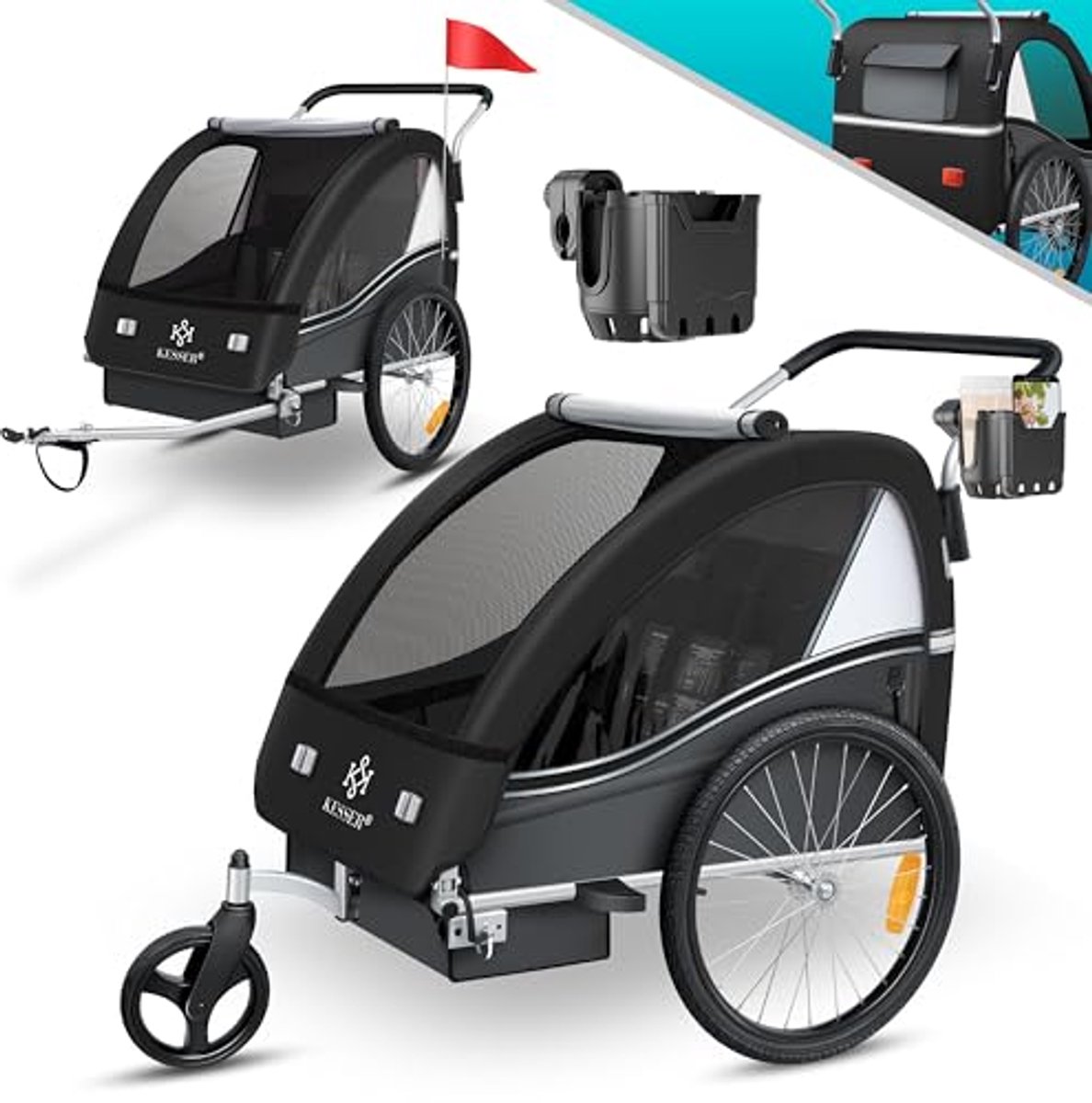 Image of 2-in-1 Kinderfietskar en Buggy voor 1 tot 2 Kinderen - Veiligheidsgordels, Draaibaar Voorwiel, Jogger, Zwart/Antraciet
