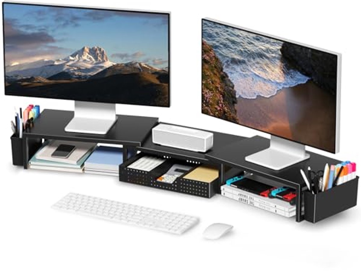 Image of 2-laags computermonitorstandaard met lade voor bureauorganisatie en werkruimte