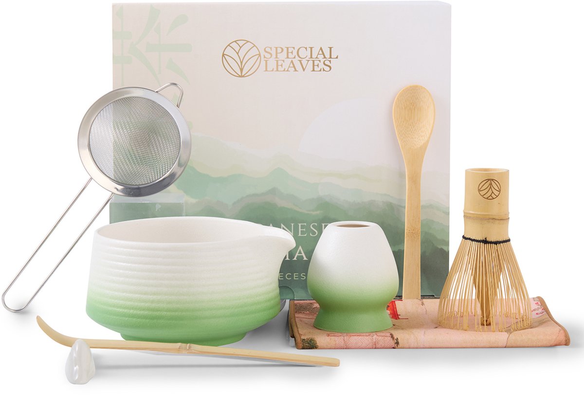 Special Leaves® Matcha Set - Wit-groen - 8-delig - Japanse Matcha Thee Set - Matcha Klopper, Matcha Kom, Lepel, Zeef, Houder & Accessoires - Origineel Valentijn Cadeau - Valentijnsdag
