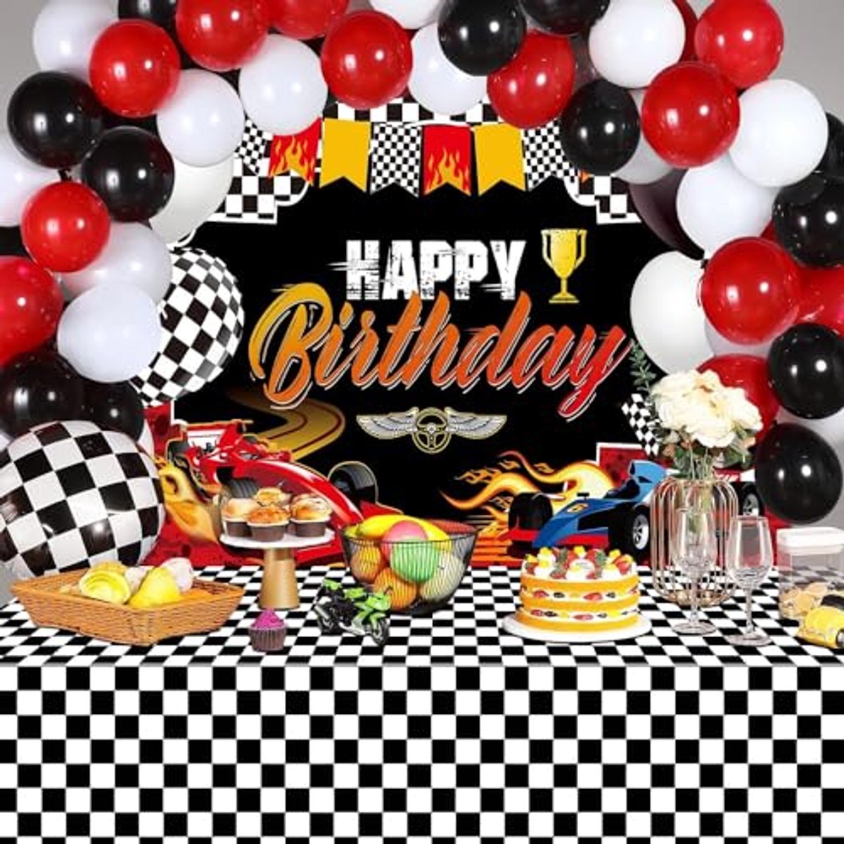 Racing Car Tafelkleden Set van 4 - Zwart/Wit Geruit - Versiering voor Verjaardagsfeestjes