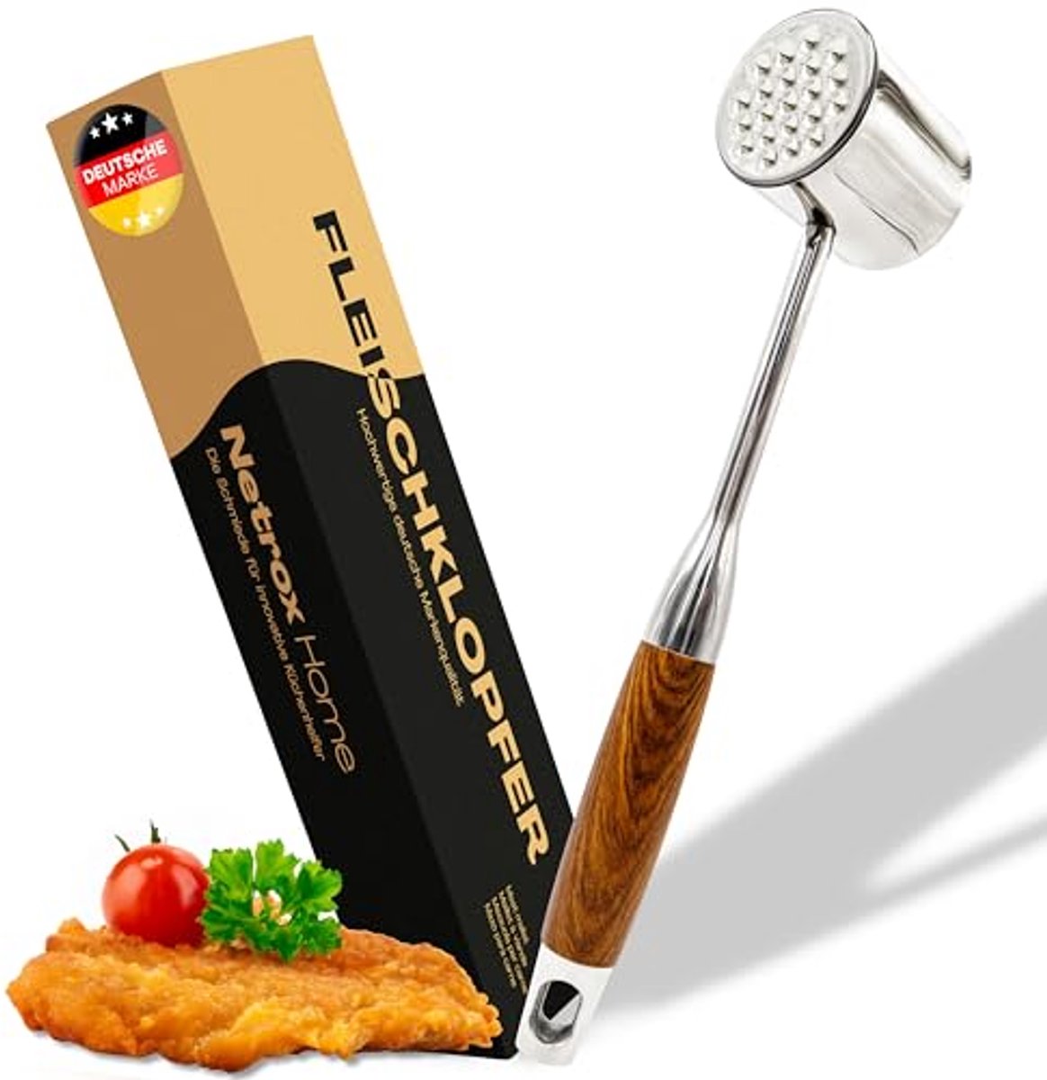 Roestvrijstalen vleeshamer met houten handvat - Premium schnitzelklopper, vaatwasmachinebestendig