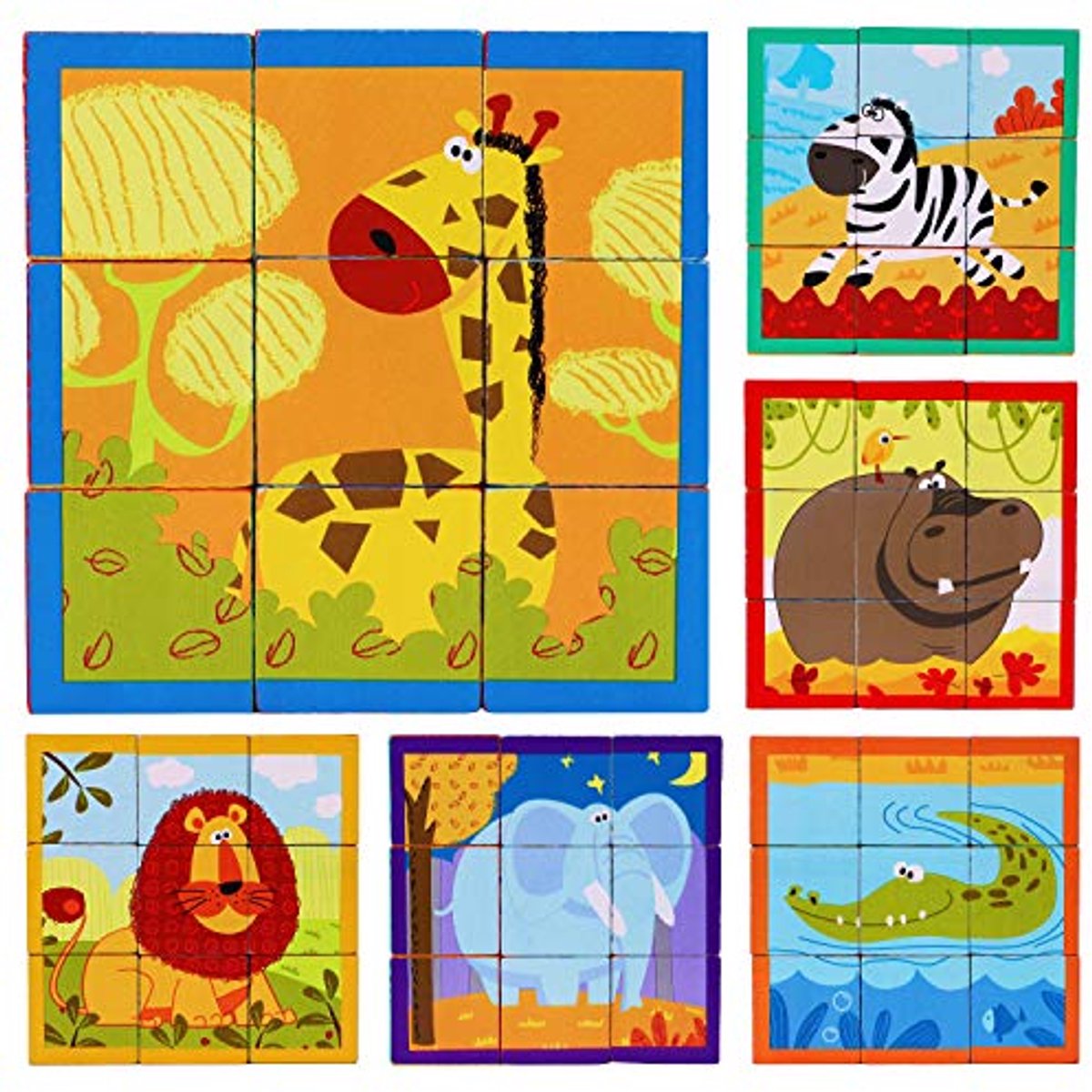 Houten Blokken Puzzels voor Kinderen - Luxe Jigsaw Puzzels met 6 Wilde Dieren Beelden - Perfect Speelgoed voor 2 Jaar Oud