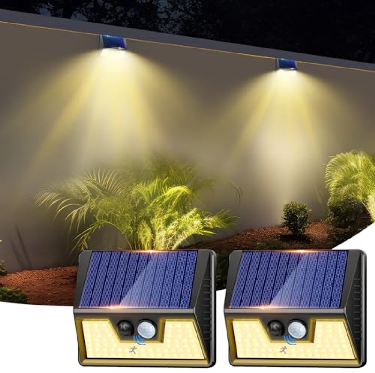 Led-solarlampen voor buiten met bewegingsmelder – 2 stuks – verlichting voor tuin, binnenplaats, garage en muur (warmwit)