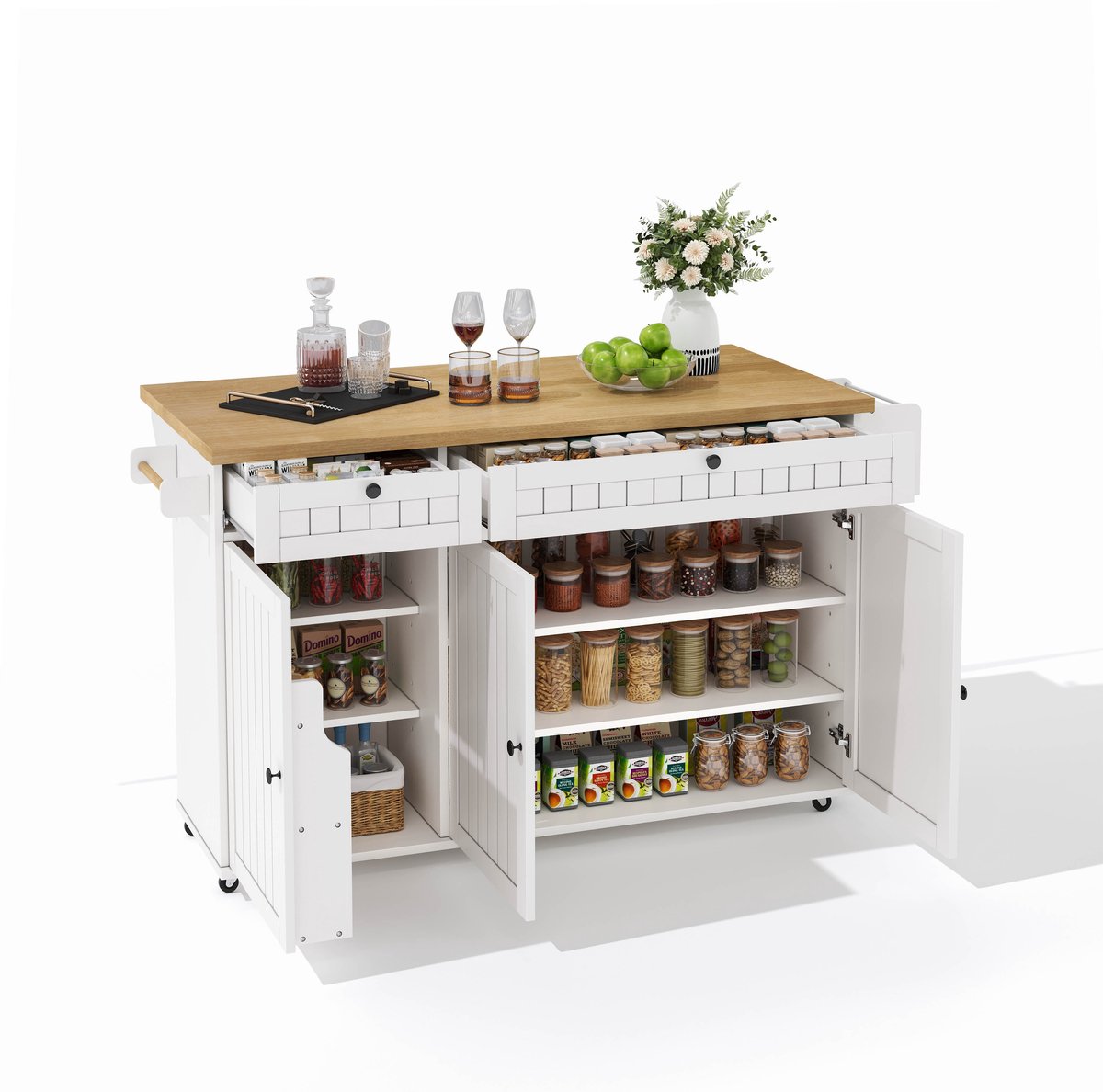 Merax Keukeneiland met Opklapbaar Werkblad - Verrijdbare Keukenkast met Lades Deuren Opbergvakken en Handdoekhouder - Wit met Houten Blad - 137×89.5×45 cm