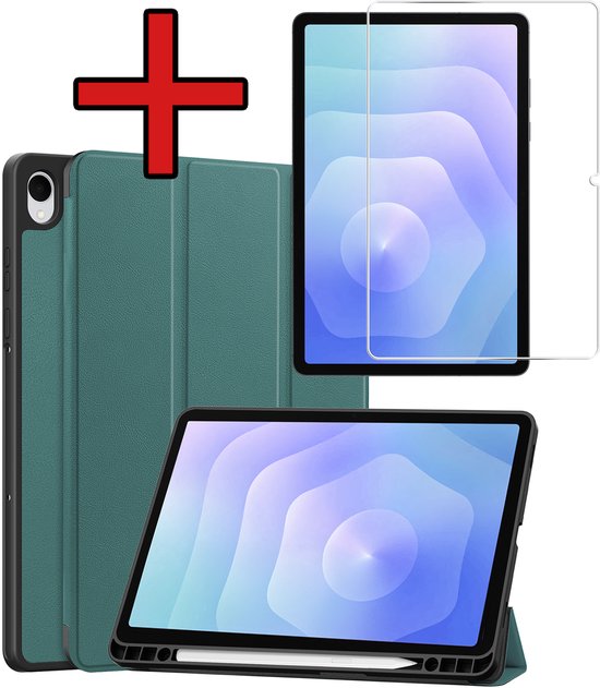 Hoesje - Geschikt voor Samsung Galaxy Tab S11 - Met Screenprotector - Trifold Bookcase Hoes - Hard Cover Case - Met Uitsparing Geschikt voor S Pen - Hardcover Book - Tablethoes - Donkergroen