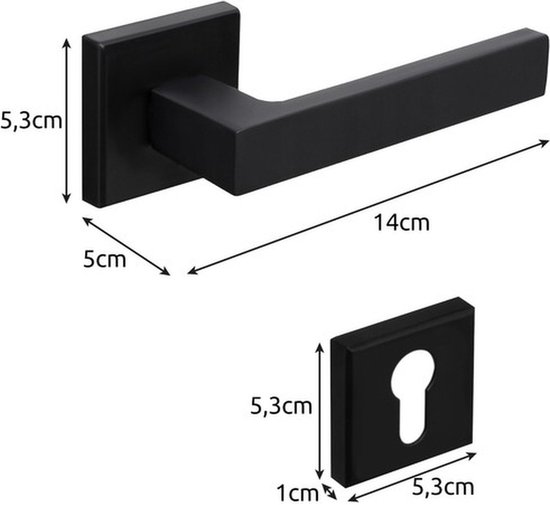 Zwarte deurklink met vierkante rozet en afmetingen 14cm lengte, 5.3cm hoogte, 5cm diepte. Inclusief vierkante rozet met sleutelgat.