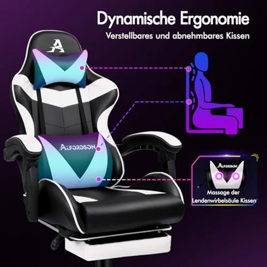 Gaming Massage Stoel - Ergonomische Bureaustoel met Hoof steun en Opvouwbare Voetensteun - Comfortabel en Verstelbaar - Draagvermogen 180 kg - Wit — afbeelding 3