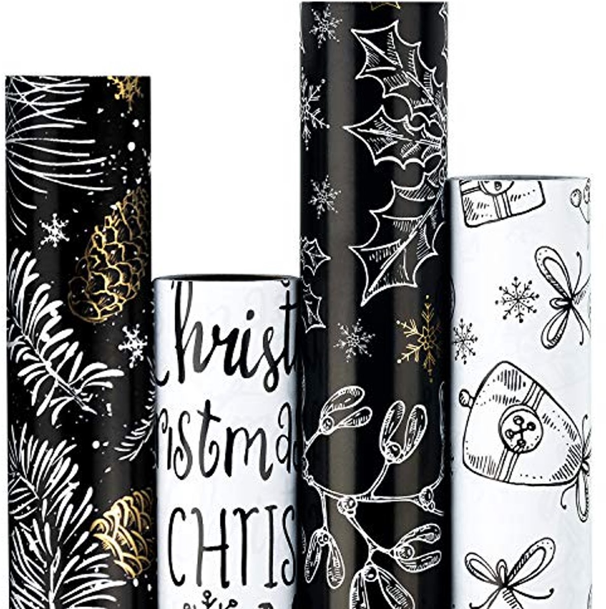 Kerst inpakpapier rol - klassieke zwart-witte ontwerpen - 4 rollen - 76cm x 305cm per rol