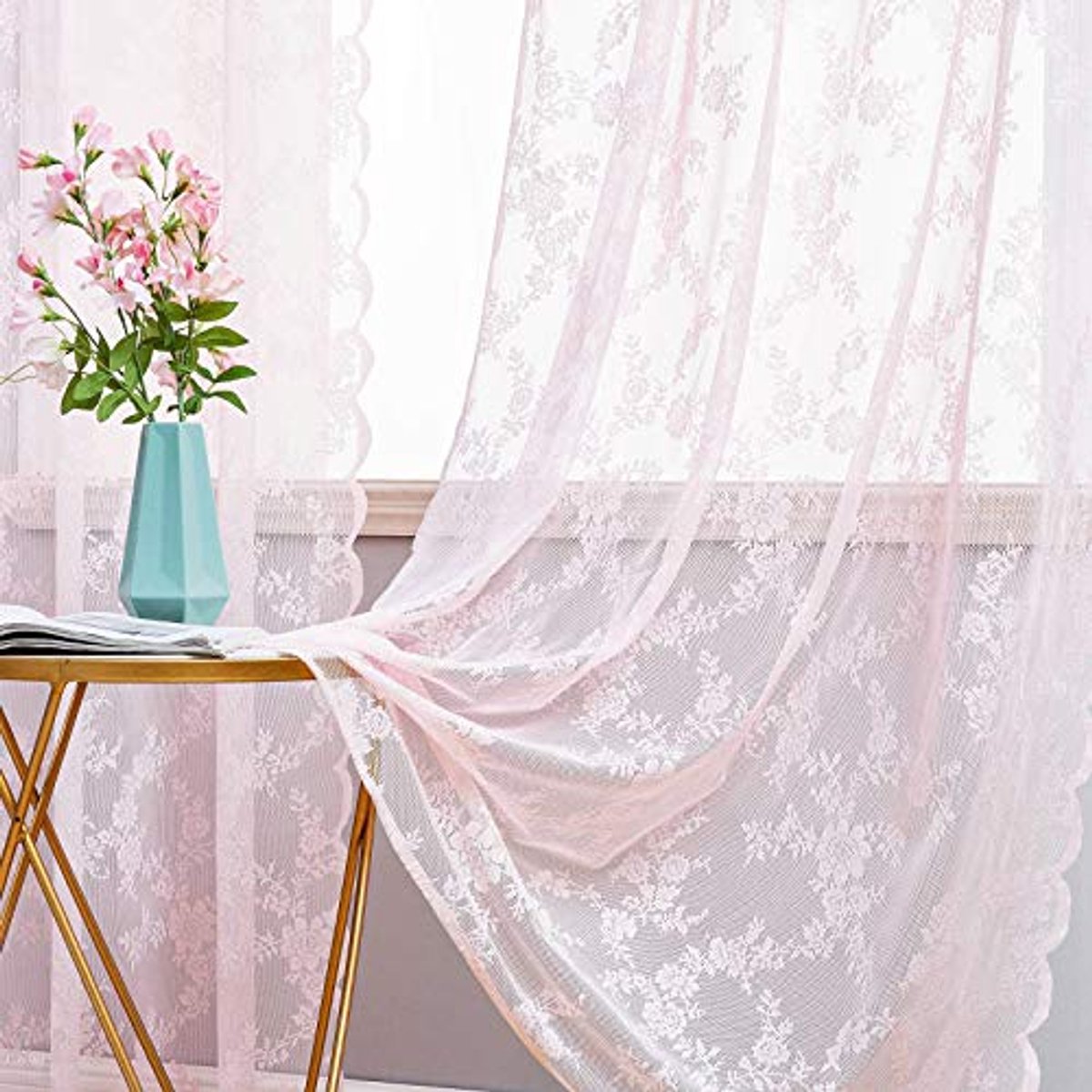 Transparante Kanten Gordijnen met Bloemenborduursel - Roze Gordijnen voor Slaapkamer en Woonkamer 2 x 150 x 260 cm