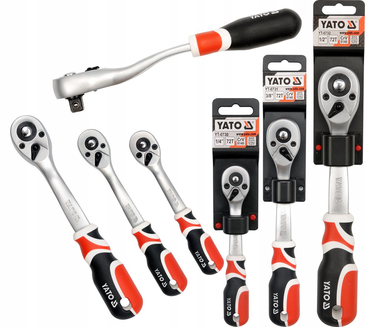 Yato Set van 3 Gebogen Ratels: 1/4", 3/8", 1/2" - 72 Tanden
