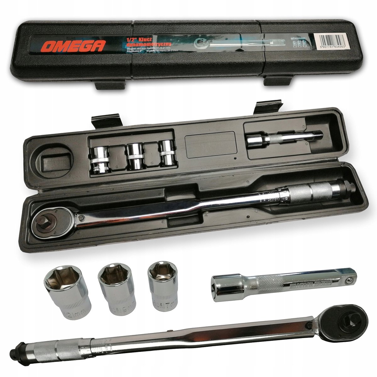 Momentsleutel 1/2" 28-210Nm met doppen en verlengstuk