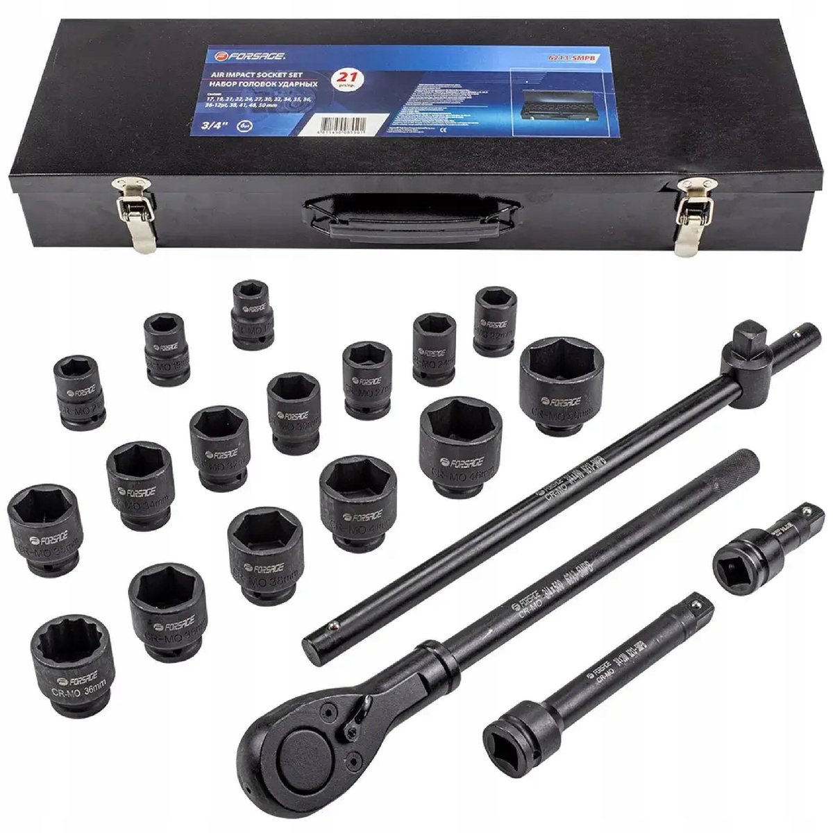 Slagdoppen Set 3/4" 21 Delig 17-50mm 6-hoek met Ratel en Koffer