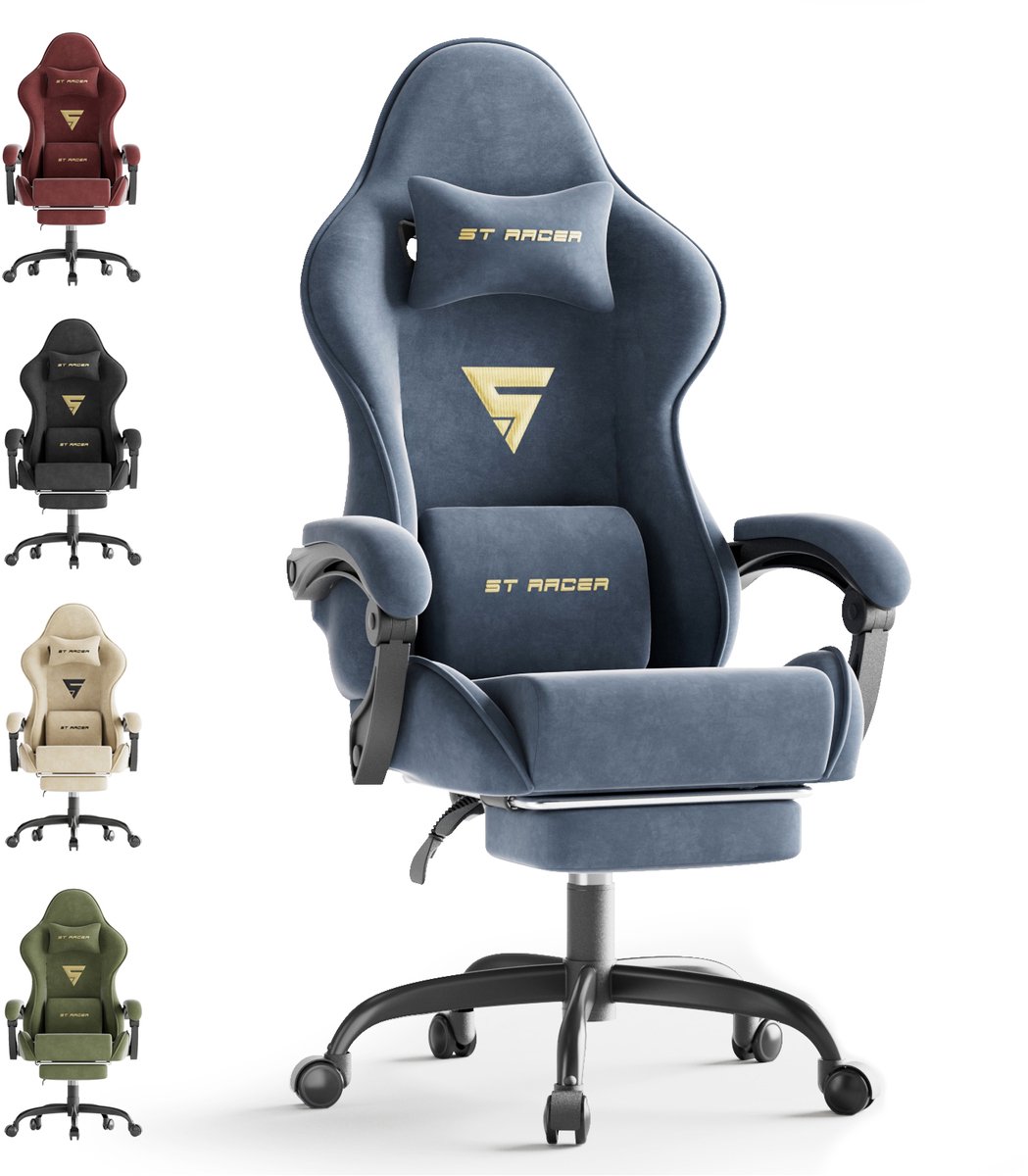 Soontrans Ergonomische Gamingstoel Met Hoofdsteun en Voetsteun Gaming Stoel Van Stof, Gamerstoel Hoogwaardige PC - Stoel Verstelbare Gaming Chair Comfortabele Gamestoel Van Stof, Ideaal Voor Gamen op Kantoor, Grijs
