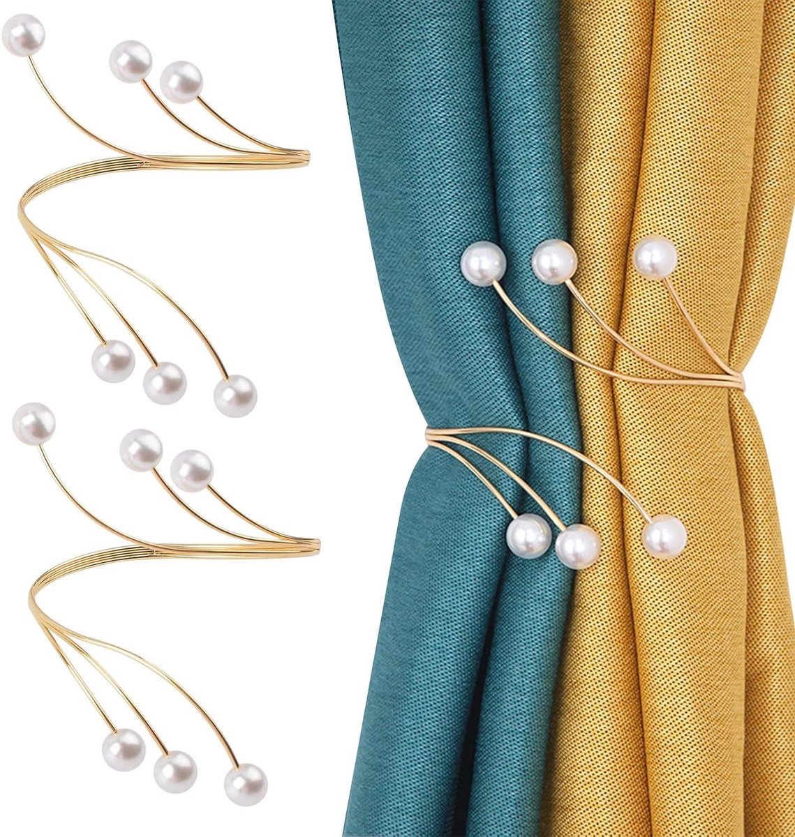 Allecto Plus - Metalen Gordijn Tiebacks met Parels - Decoratieve Draperen Houder Clip - Goudkleurig - Set van 2 stuks
