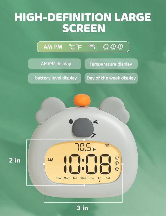 Koala-wekker met ontspannende werking, nachtlampje in de vorm van een bos, snel opladen via USB-C, 3 alarmen en timer, mindfulness-slaapkamerdecoratie, cadeau voor jongens en meisjes, tennisbal van Luminovum — afbeelding 4