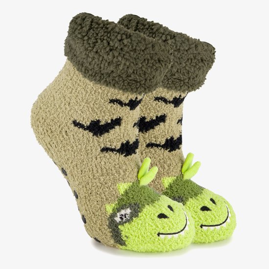 1 paire de chaussettes maison enfant dinosaure avec antidérapant - Vert - Taille 35/38