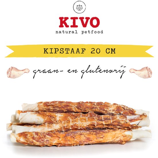 Kivo kipstaaf 20 cm, graan- en glutenvrij. Een stapel gedroogde kipstrips met witte kernen.