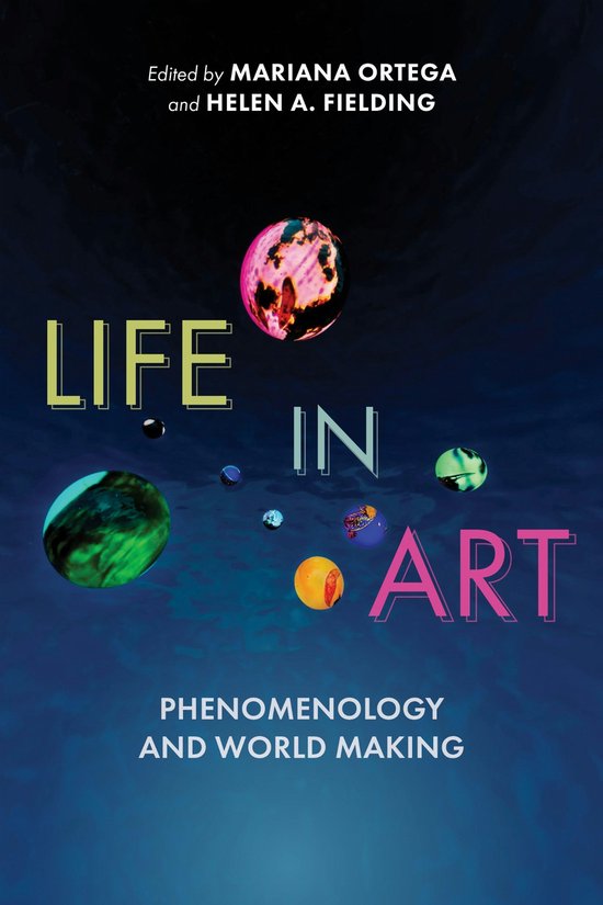 Boekomslag 'Life in Art' met zwevende, kleurrijke planeten tegen een diepblauwe achtergrond.